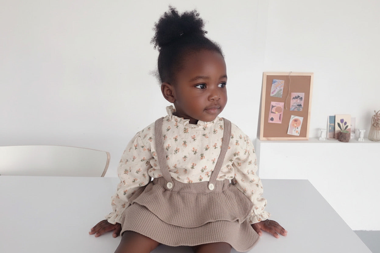 Child wearing a floral blouse and brown ruffled skirt sitting on a white surface.