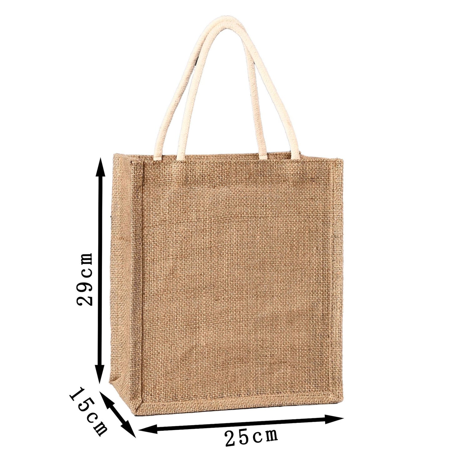 Jute bag with dimensions indicated on a white background