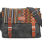Multicolored patterned bag with gray body and brown straps on a white background