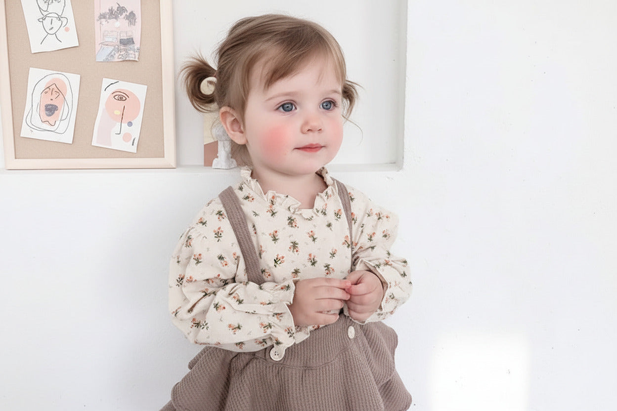 Child wearing a floral blouse and brown skirt against a white wall.