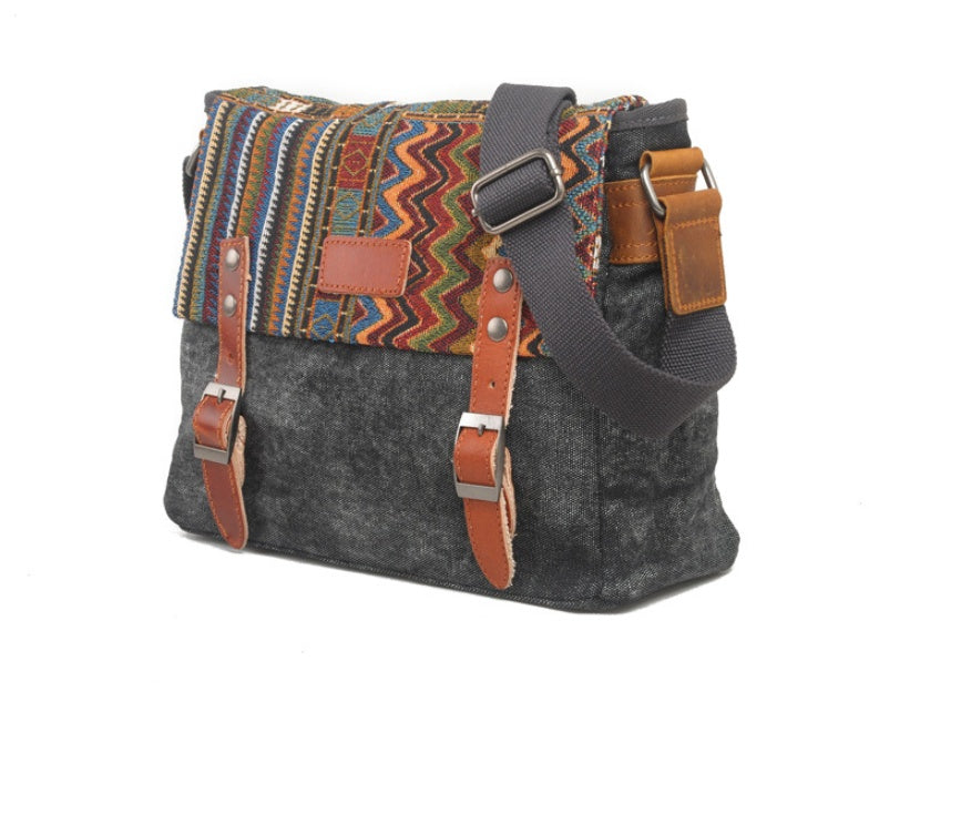 Vintage Canvas Messenger Bag - Ethnic Geometric Pattern