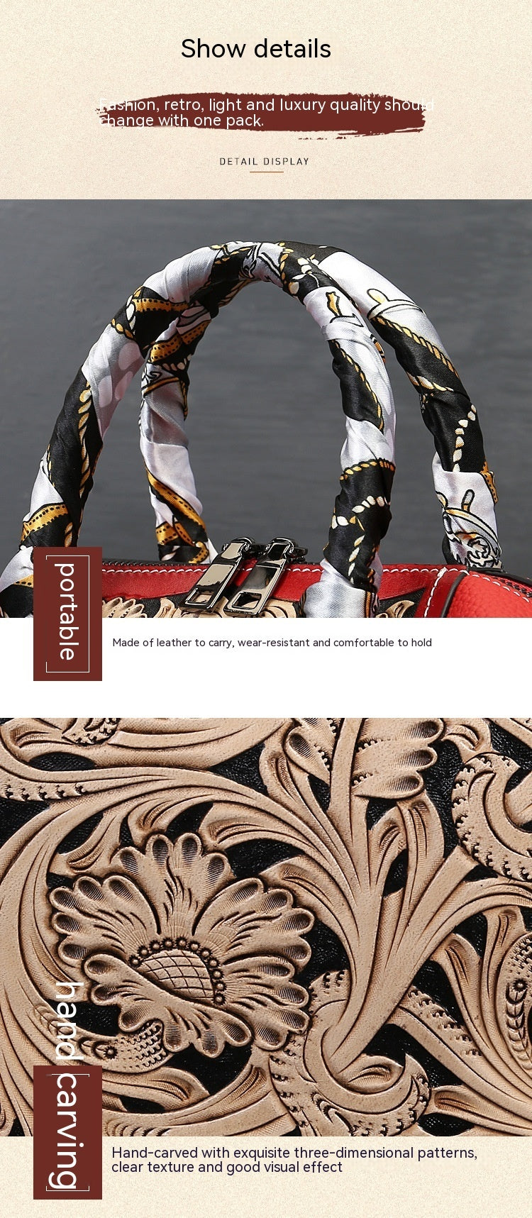 Handbag with intricate design and leather detailing on a gray background