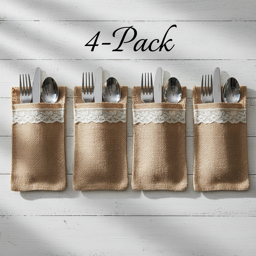 Rustic Burlap Cutlery Bags with Lace - Farmhouse Silverware Holders