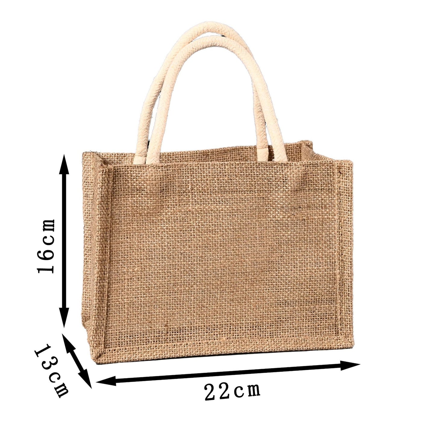 Jute bag with dimensions labeled on a white background