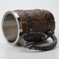 Wooden barrel with metal band and decorative element on a white background