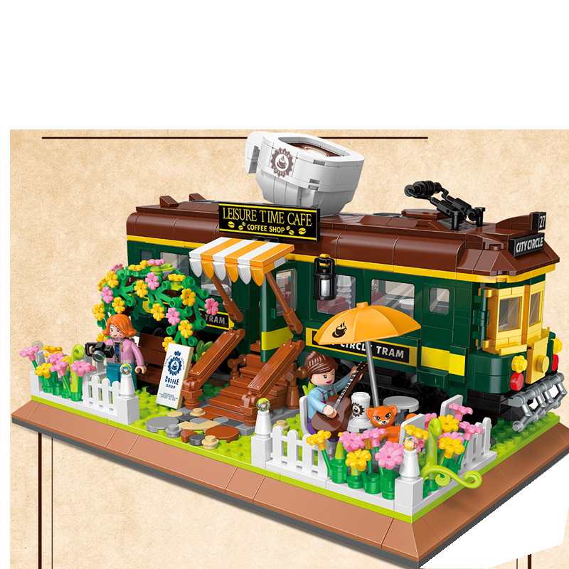Toy train set with a cafe and tram design on a beige background