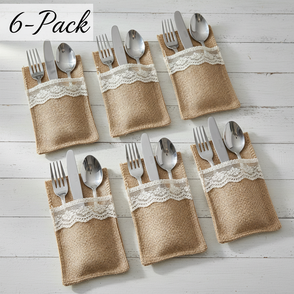 Rustic Burlap Cutlery Bags with Lace - Farmhouse Silverware Holders