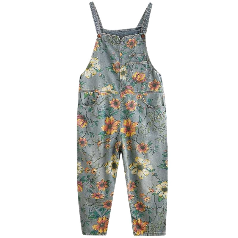 Vintage denim pants with suspenders loose comfortable fit side view
