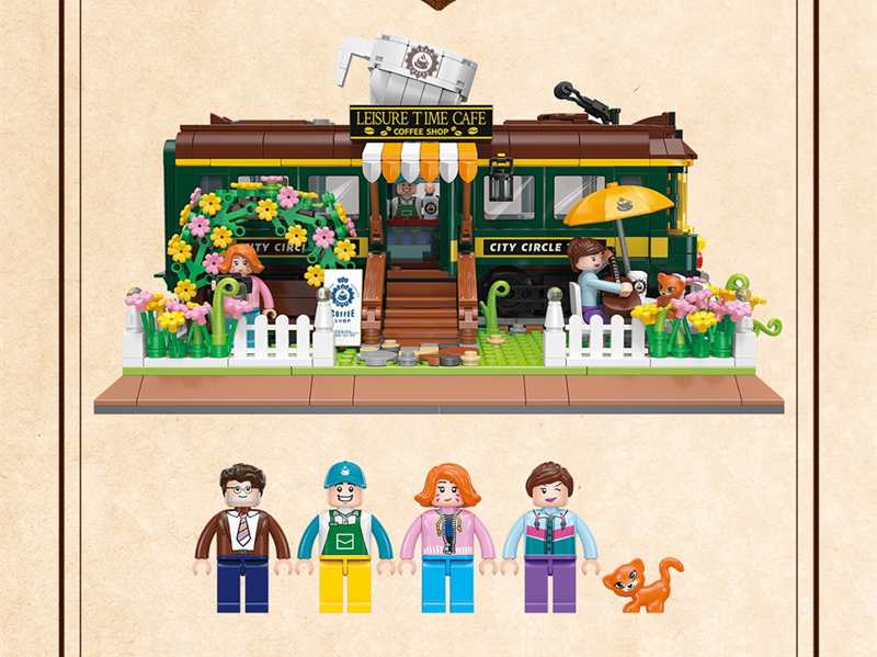 Toy set with a miniature cafe and characters on a beige background