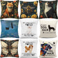 Collection of decorative pillows with various designs including animals, text, and patterns.