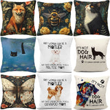 Collection of decorative pillows with various designs including animals, text, and patterns.