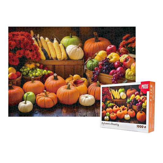 Autumn-themed puzzle with pumpkins, corn, and fruits on a wooden table, alongside its packaging.