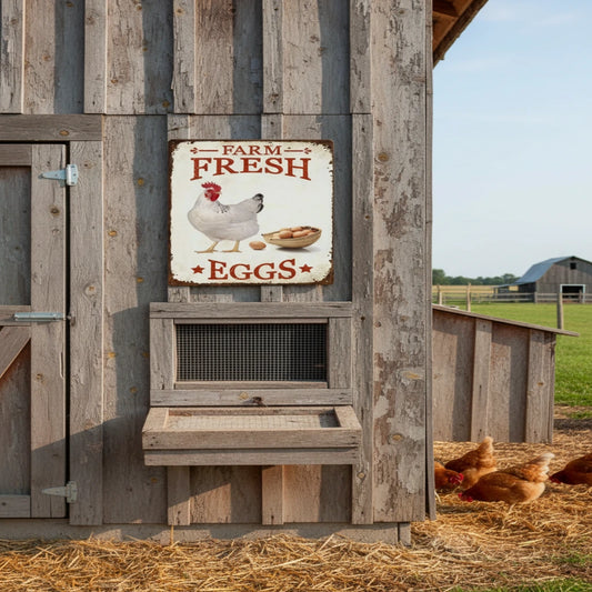 Vintage-style sign with a chicken and eggs on a white background
