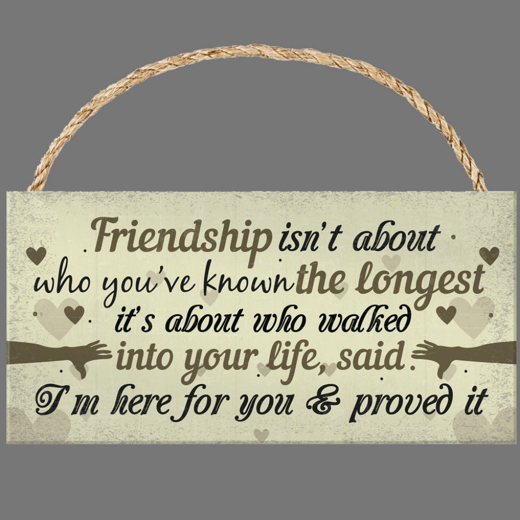 Wooden sign with a friendship quote on a gray background