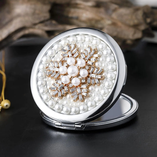 Snowflake Compact Pocket Mirror with 1x and 2x Magnification for Women