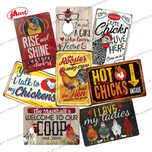 Collection of decorative signs with chicken-themed designs and text.