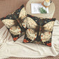 Butterfly-themed decorative pillows on a textured surface with a woven mat and cup in the background.