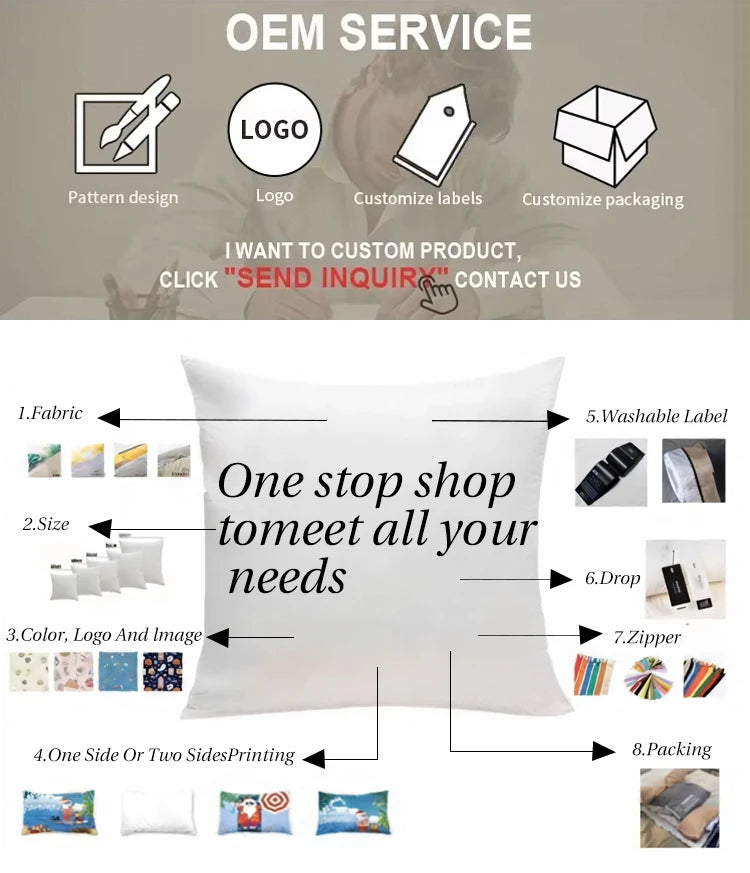 Promotional graphic for OEM product customization services with a focus on a pillow.