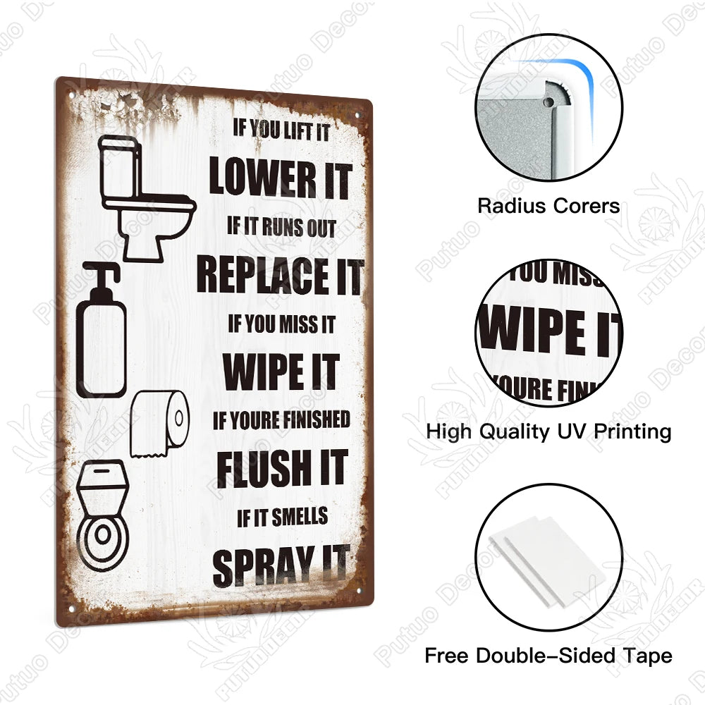 Metal sign with humorous bathroom instructions on a white background