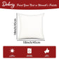 White pillow with dimensions and features on a red background
