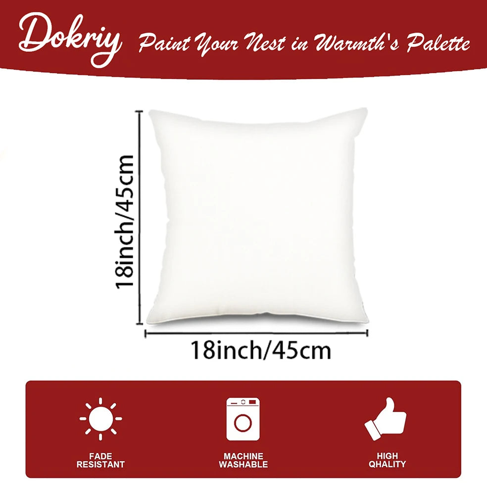 White pillow with dimensions and features on a red background