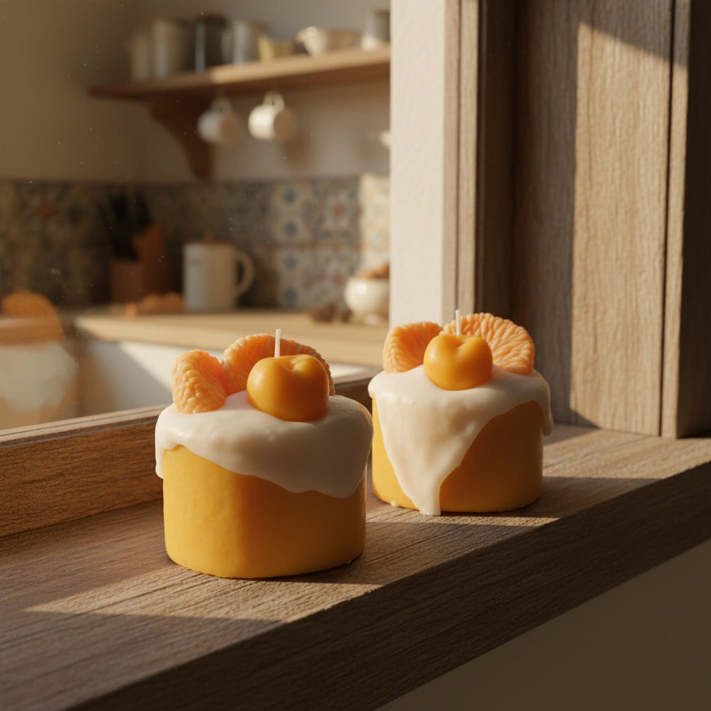Two decorative candles shaped like pumpkins with white frosting on a reflective surface.