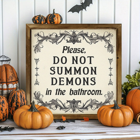 Decorative sign with Halloween text surrounded by pumpkins and decorative items on a wooden surface.