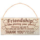 Wooden sign with humorous friendship quote on a white background