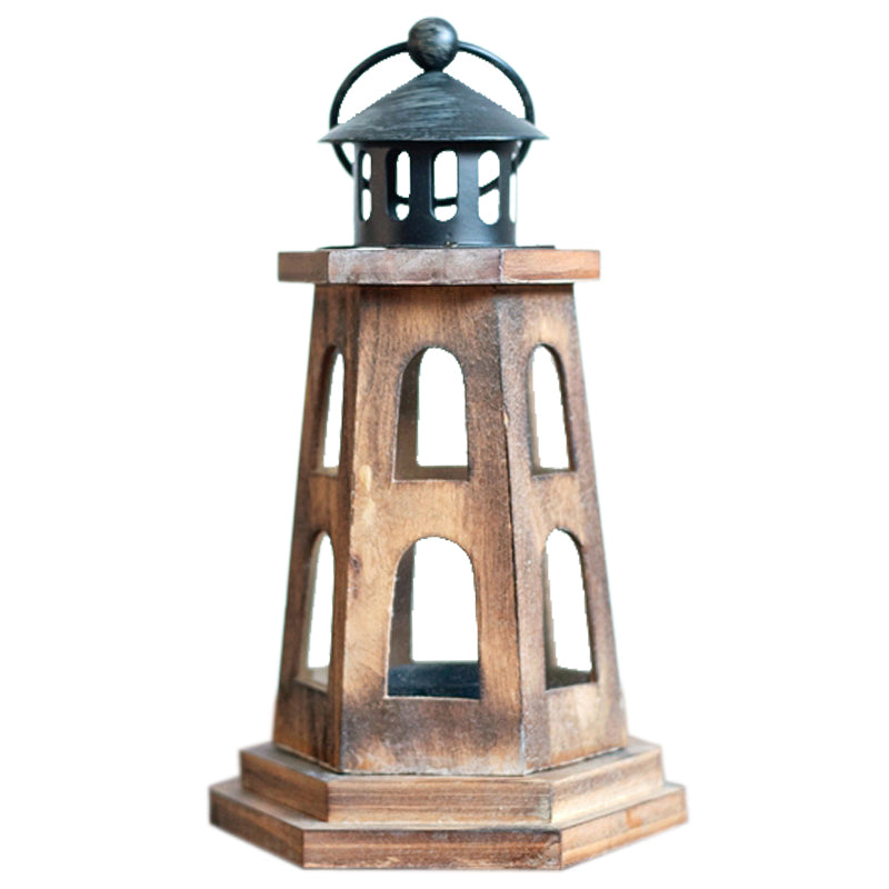 Wooden lighthouse-shaped lantern on a white background