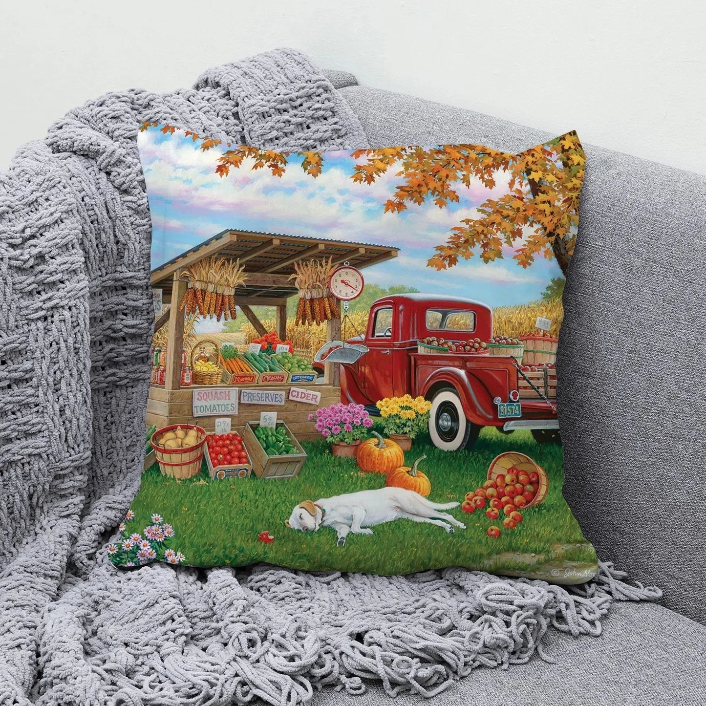 Farmhouse Autumn Harvest Oil Painting Cushion Case – Ultra Soft Plush Scenic Pillow Cover