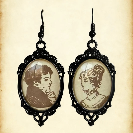 Vintage Portrait Man & Woman Oval Glass Earrings – Floral Dangle Charm