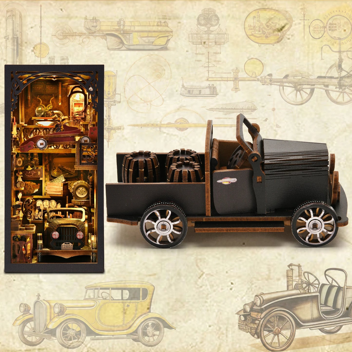 Wooden Classic Car DIY Book Nook Kit – Retro 3D Puzzle with Light Effect