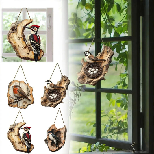 Decorative bird and nest wall hangings with a natural wood finish, displayed in front of a window with greenery.