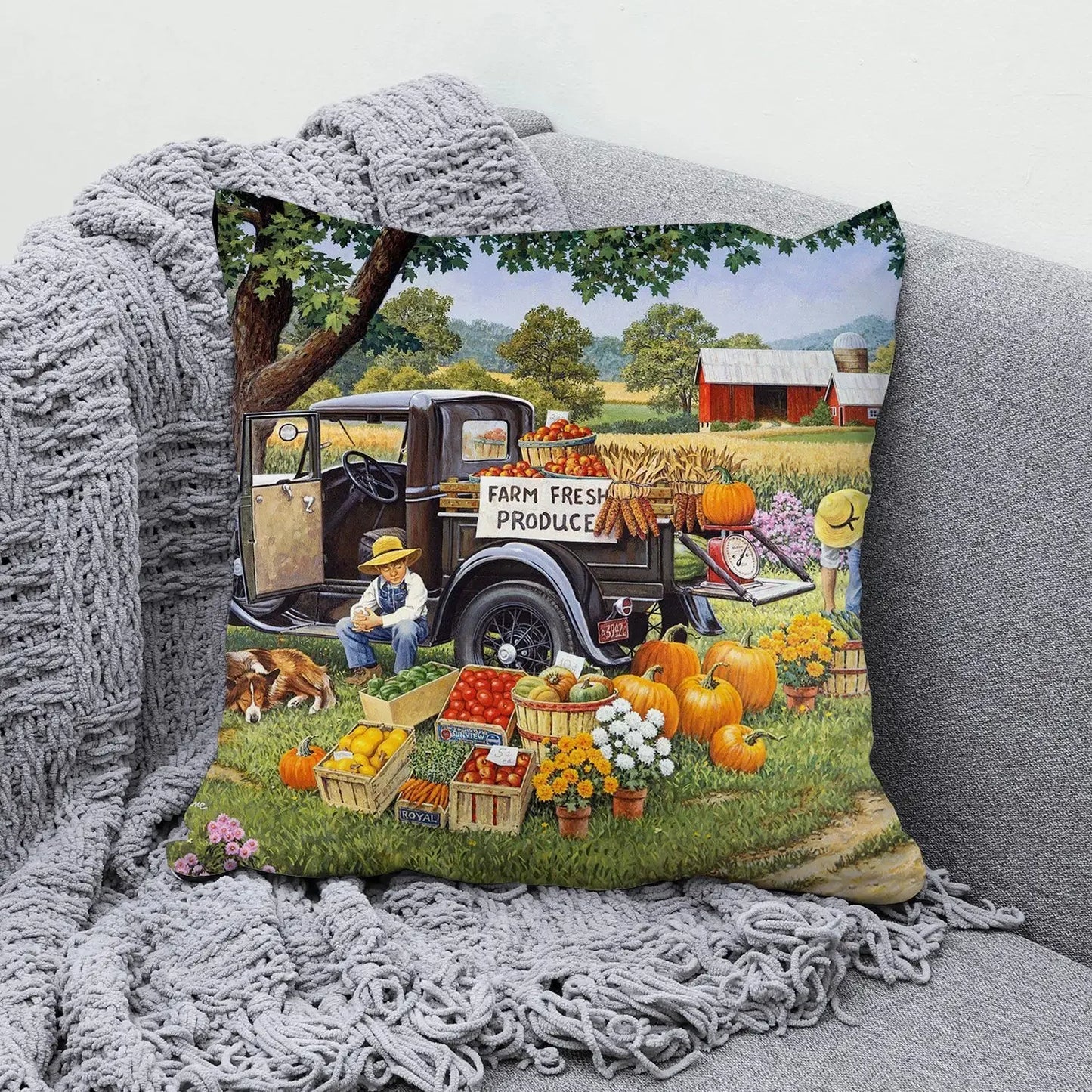 Farmhouse Autumn Harvest Oil Painting Cushion Case – Ultra Soft Plush Scenic Pillow Cover