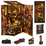 Detailed model of a steampunk-style workshop with various mechanical components and vehicles.