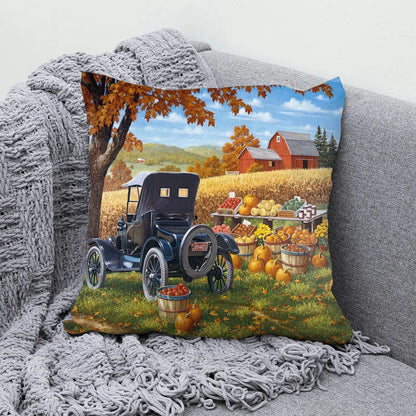 Farmhouse Autumn Harvest Oil Painting Cushion Case – Ultra Soft Plush Scenic Pillow Cover