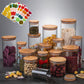 Set of glass jars with wooden lids containing various food items on a gray background.