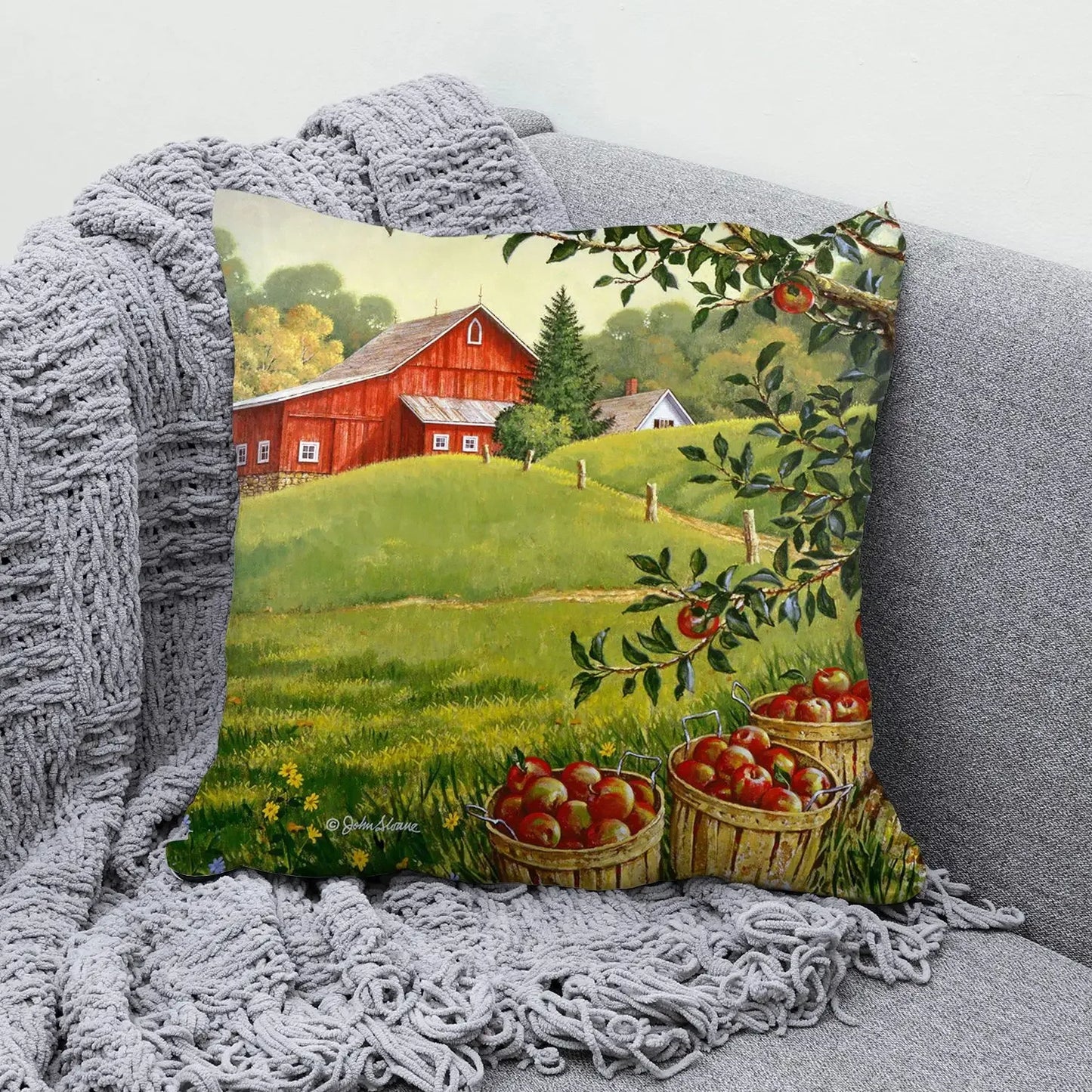 Farmhouse Autumn Harvest Oil Painting Cushion Case – Ultra Soft Plush Scenic Pillow Cover