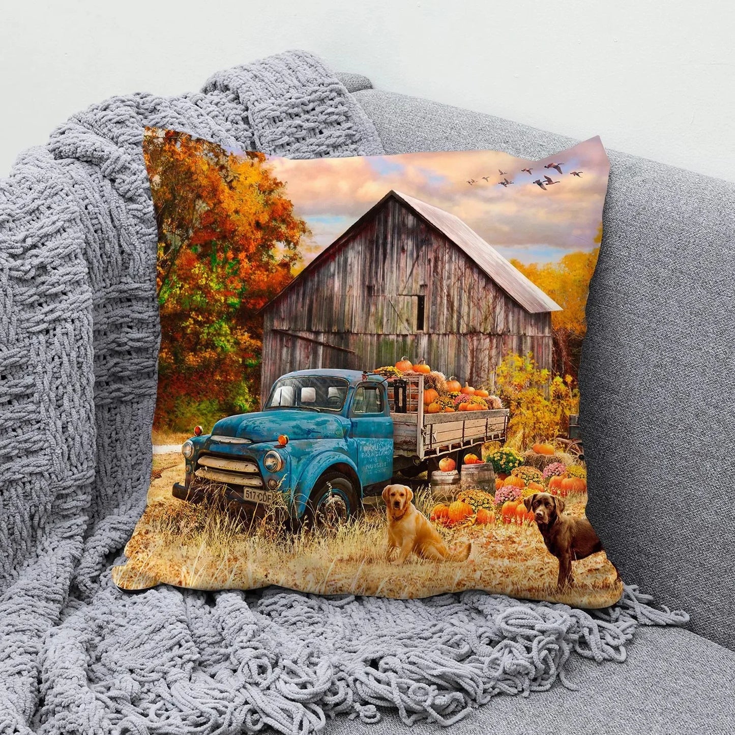 Farmhouse Autumn Harvest Oil Painting Cushion Case – Ultra Soft Plush Scenic Pillow Cover