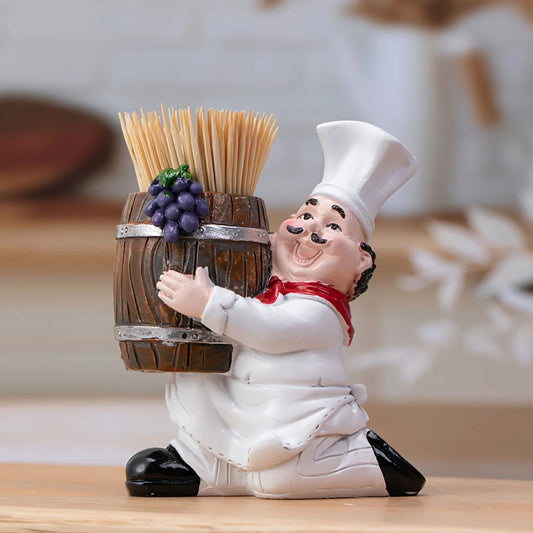 Chef-Themed Toothpick Holder with Wooden Bucket – Charming Resin Kitchen Décor