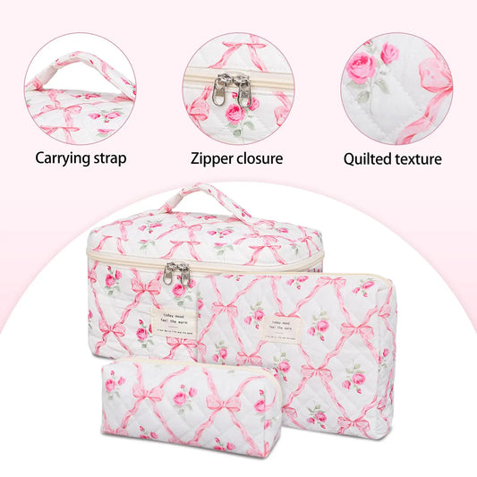 Vintage Floral Quilted Cotton Makeup Bag – Box‑Shape Zipper Tote for Travel & Daily Storage