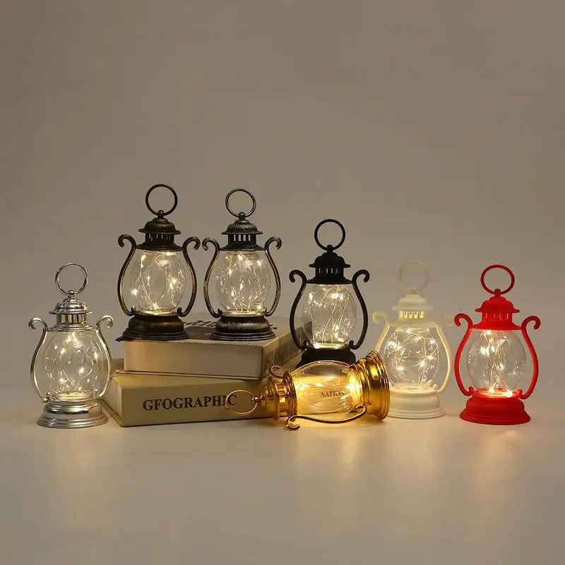 Set of decorative lanterns with glowing lights on a neutral background