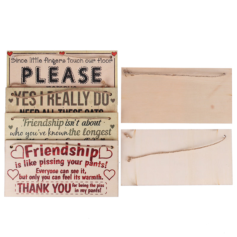 Collage of wooden signs with humorous sayings on a white background