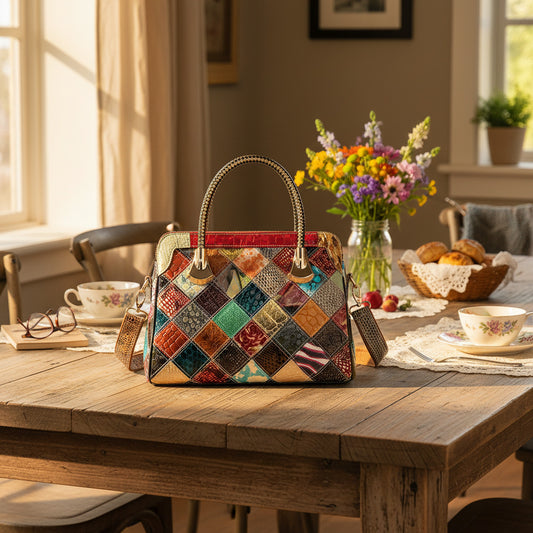 Multicolored patchwork handbag with textured patterns on a white background