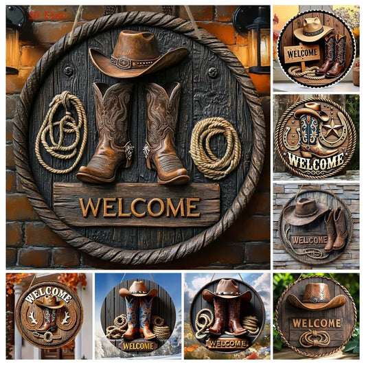 Decorative welcome sign with cowboy boots, hat, and lasso on a wooden background.