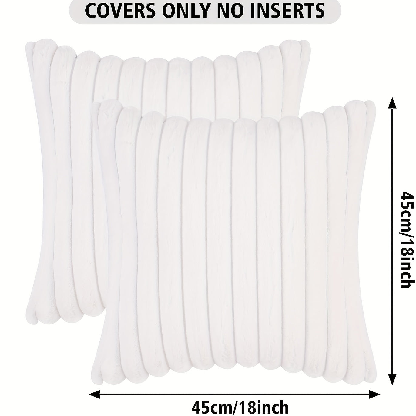 Set of white pillow covers with dimensions on a white background