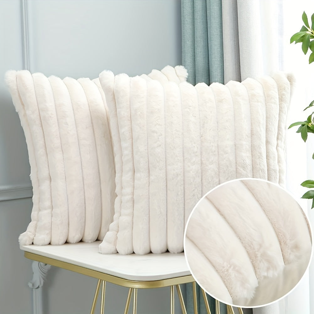 White fluffy pillow on a chair with a close-up of the texture in the corner.