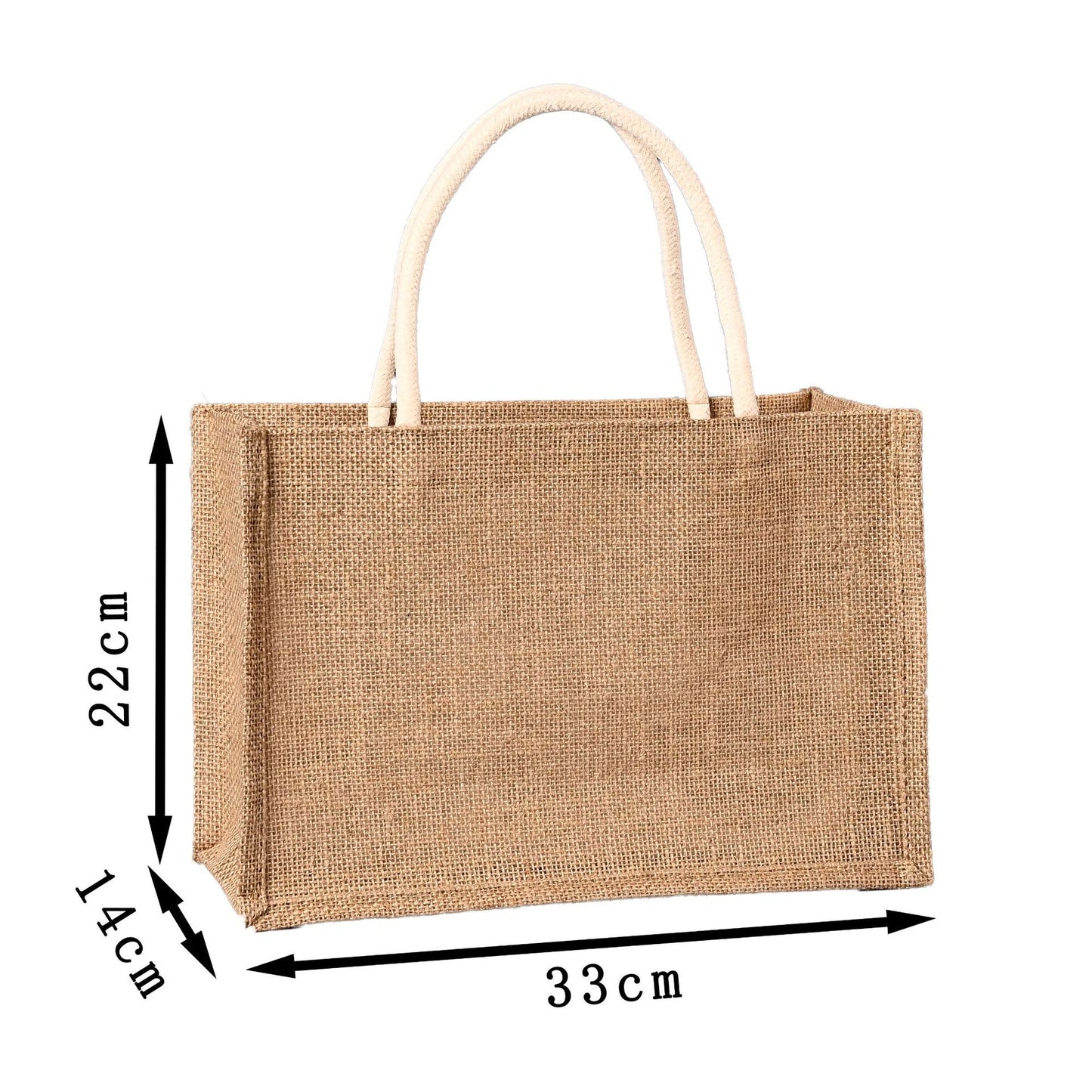 Jute bag with dimensions labeled on a white background