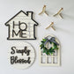 Decorative home signs with 'HOME sweet HOME', 'Simply Blessed', and a wreath design on a white background.