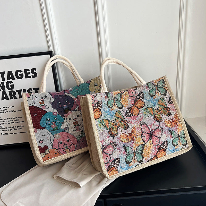 Two tote bags with different patterns on a white surface.